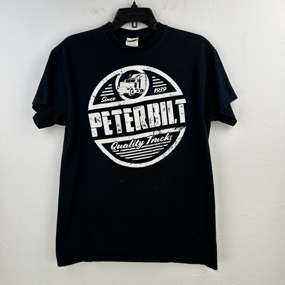 Peterbilt T-Shirt Mens Medium Black White Quality Trucks Logo Mechanic Work‎